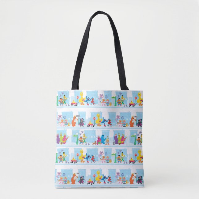 Sesame Pals Walking Along Sesame Street Pattern Tote Bag (Front)