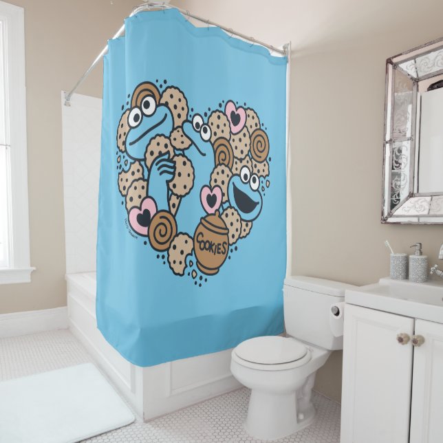 Sesame Sesame | Cookie Monster Doodle Heart Shower Curtain (In Situ)