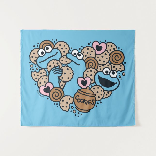 Sesame Sesame | Cookie Monster Doodle Heart Tapestry (Front (Horizontal))