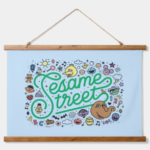Sesame Sesame   Sesame Street Green Doodle Script Hanging Tapestry