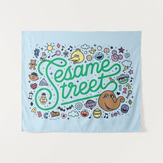 Sesame Sesame | Sesame Street Green Doodle Script Tapestry (Front (Horizontal))