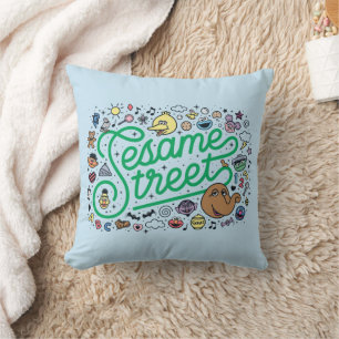 Sesame Sesame Sesame Street Green Doodle Script Throw Pillow