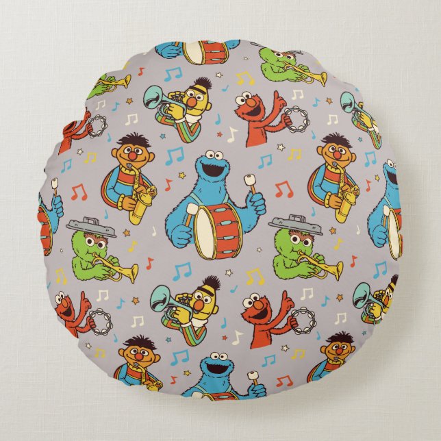 Sesame Street Band Grey Pattern Round Pillow (Front)