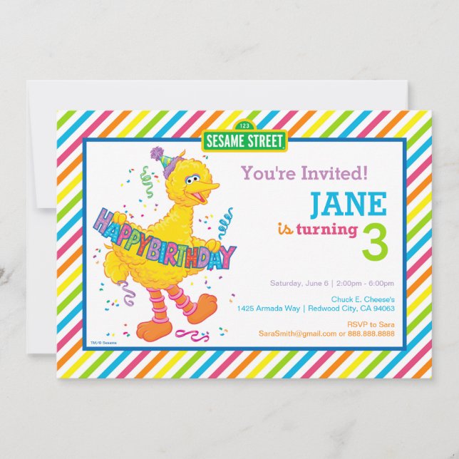 Sesame Street Big Bird Striped Birthday Invitation (Front)