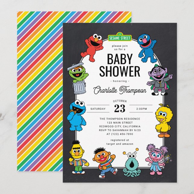 Sesame Street Characters Chalkboard Baby Shower Invitation (Front/Back)