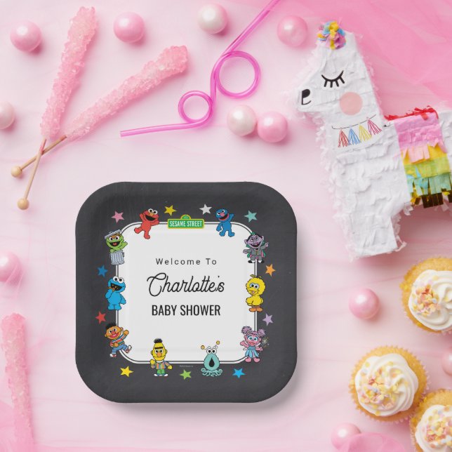 Sesame Street Characters Chalkboard Baby Shower Paper Plates (Party)