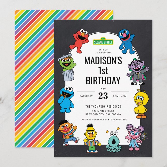 Sesame Street Characters Chalkboard Birthday Invitation (Front/Back)