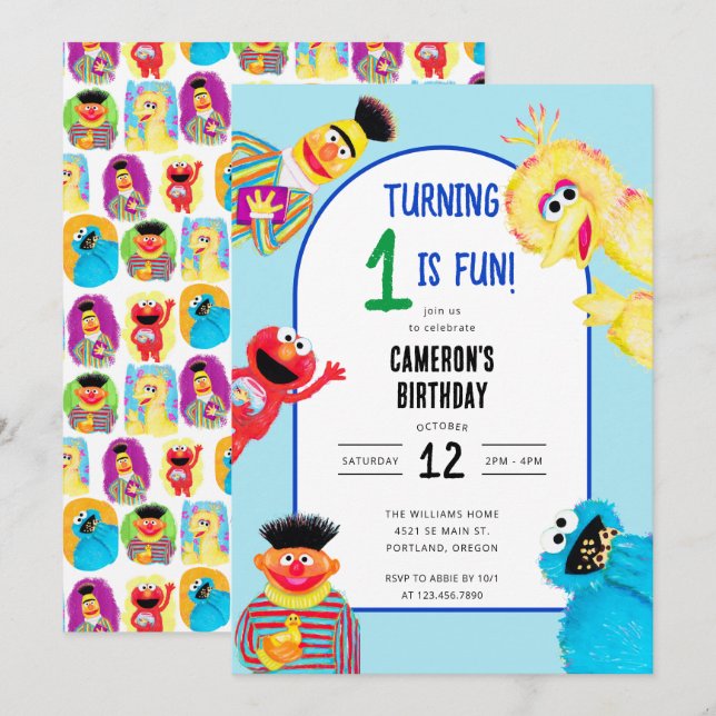Sesame Street Characters First Birthday Party Invitation (Front/Back)