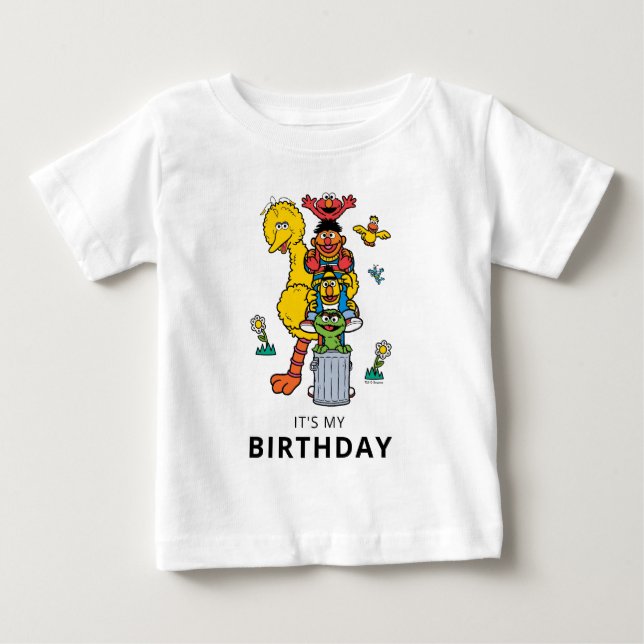 Sesame Street Characters & Street Sign Birthday Ba Baby T-Shirt (Front)