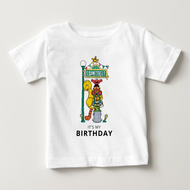 Sesame Street Characters & Street Sign Birthday Ba Baby T-Shirt (Front)