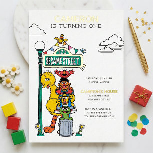Sesame Street Characters & Street Sign Birthday Foil Invitation