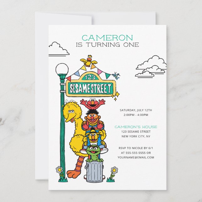 Sesame Street Characters & Street Sign Birthday Invitation (Front)