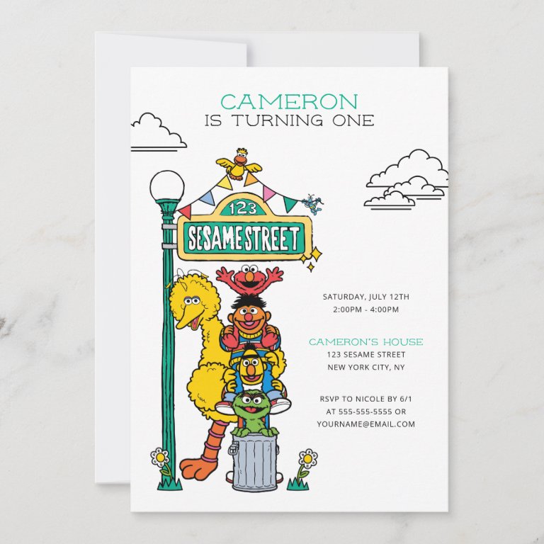 Sesame Street Characters &amp; Street Sign Birthday Invitation