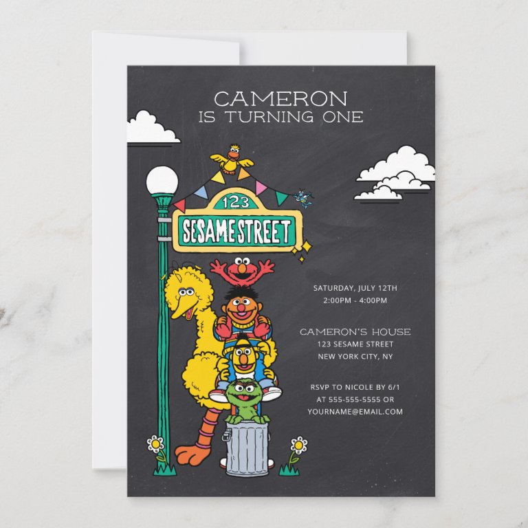 Sesame Street Characters &amp; Street Sign Birthday Invitation