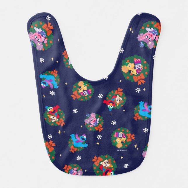 Sesame Street Christmas Wreath Pattern Baby Bib (Front)