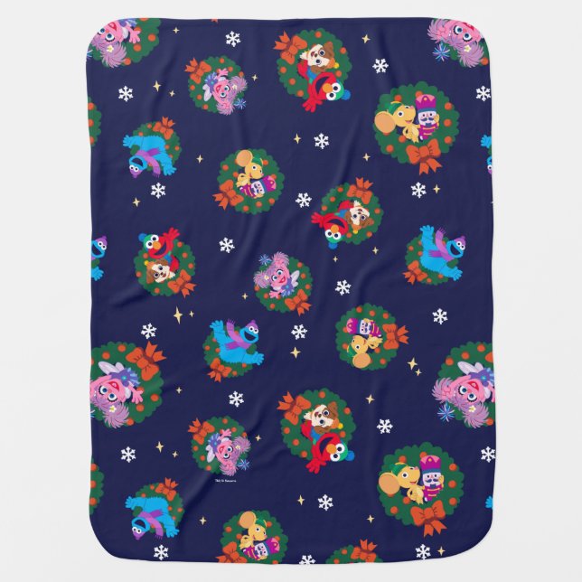Sesame Street Christmas Wreath Pattern Baby Blanket (Front)