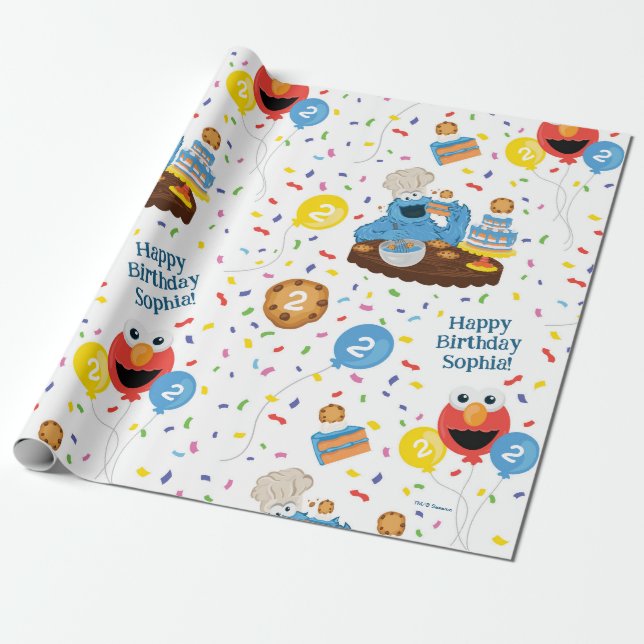 Sesame Street Cookie Monster Birthday Cake Pattern Wrapping Paper (Unrolled)