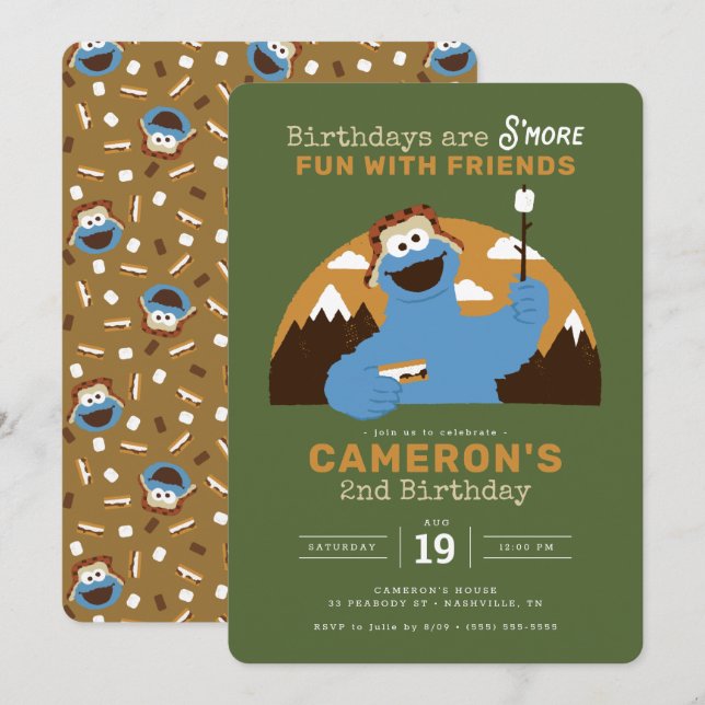 Sesame Street - Cookie Monster | S'more Birthday Invitation (Front/Back)