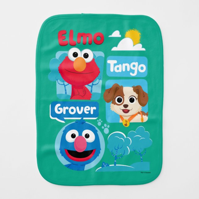 Sesame Street | Elmo, Tango, & Grover Park Graphic Baby Burp Cloth (Front)