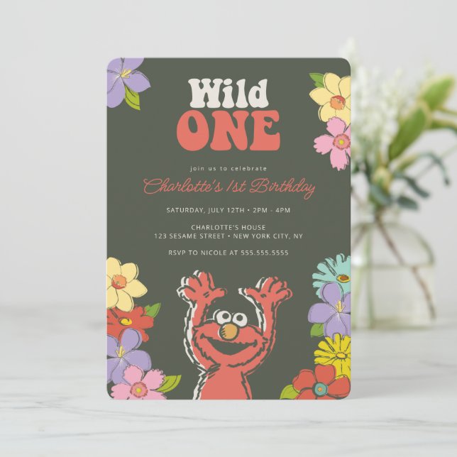 Sesame Street Elmo | Wild One Floral Birthday Invitation (Standing Front)