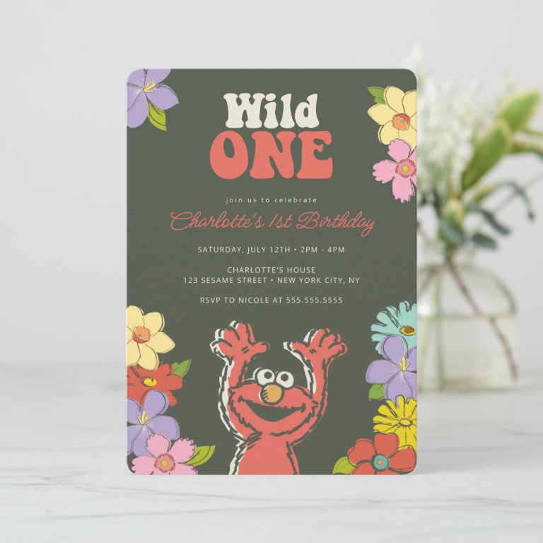 Sesame Street Elmo | Wild One Floral Birthday Invitation