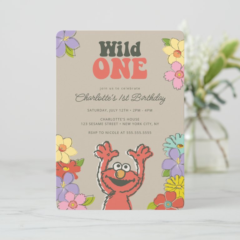 Sesame Street Elmo | Wild One Floral Birthday Invitation