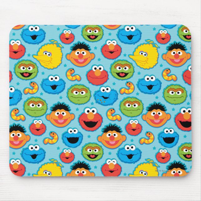 Sesame Street Faces Pattern on Blue Mouse Pad (Front)
