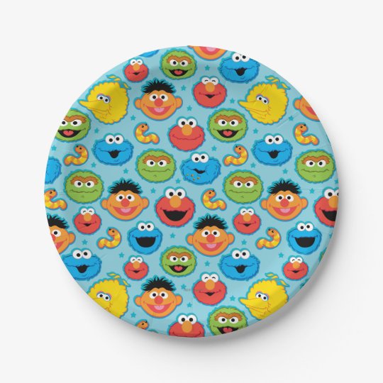 Sesame Street Faces Pattern on Blue Paper Plate | Zazzle.com