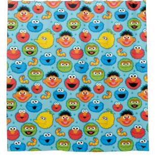 Sesame Street Faces Pattern on Blue Shower Curtain