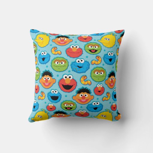 Sesame Street Faces Pattern on Blue Throw Pillow | Zazzle