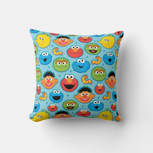 Sesame Street Faces Pattern on Blue Throw Pillow