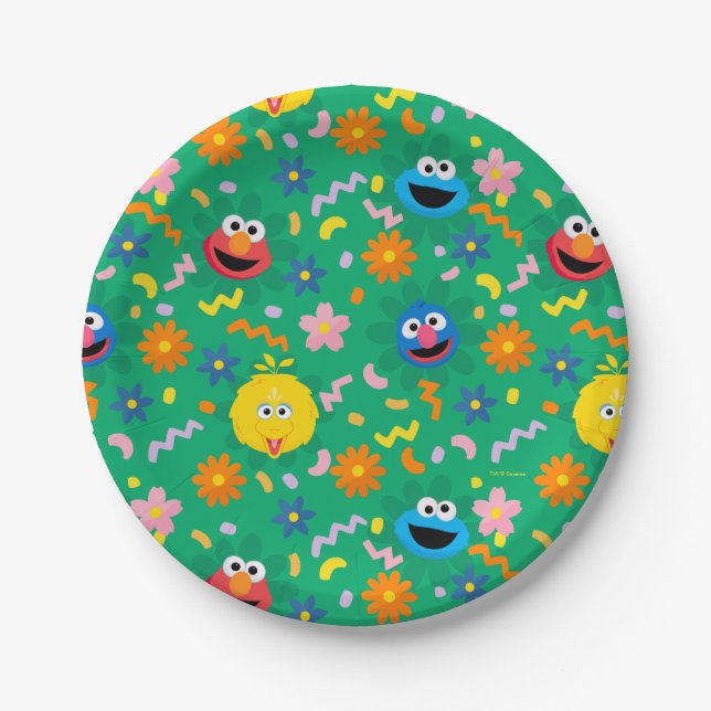 Sesame Street Green Floral Pattern Paper Plates (Front)