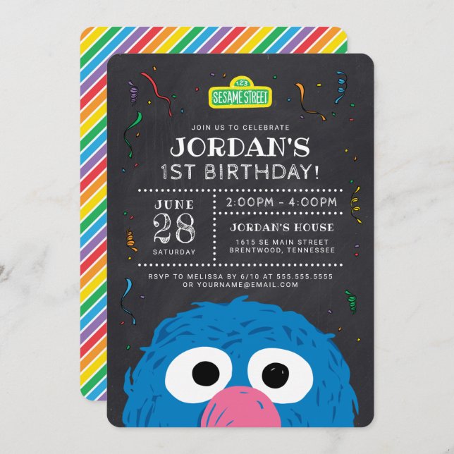 Sesame Street | Grover Chalkboard Birthday Invitation (Front/Back)