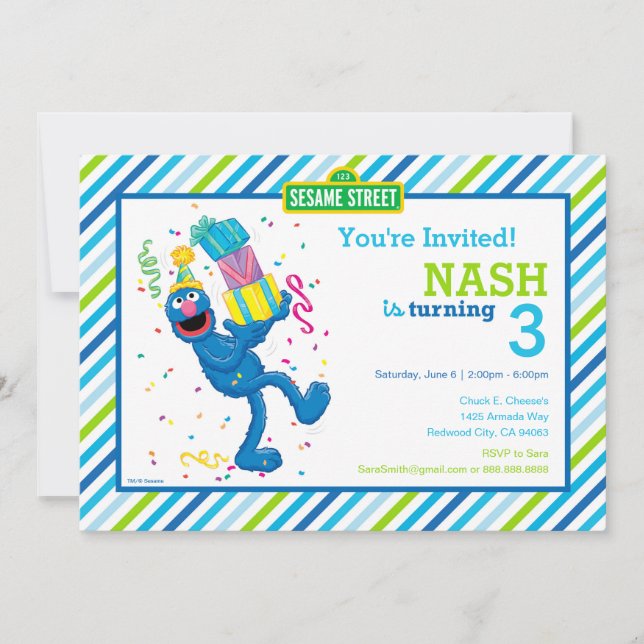 Sesame Street Grover Striped Birthday Invitation (Front)