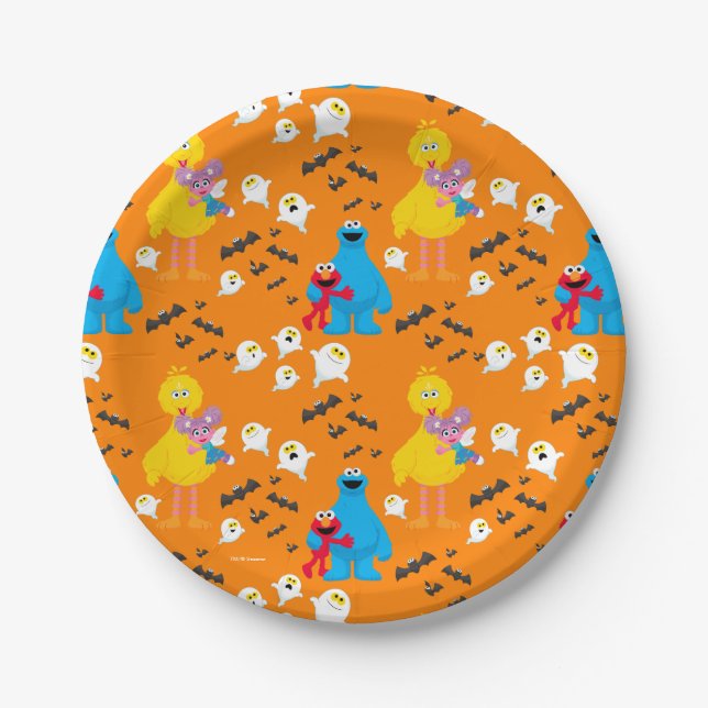 Sesame Street Halloween Bats & Ghosts Pattern Paper Plates (Front)