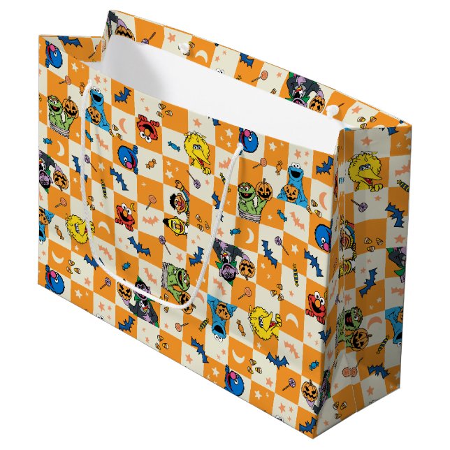 Sesame Street Halloween Checkered Pattern Large Gift Bag (Front Angled)