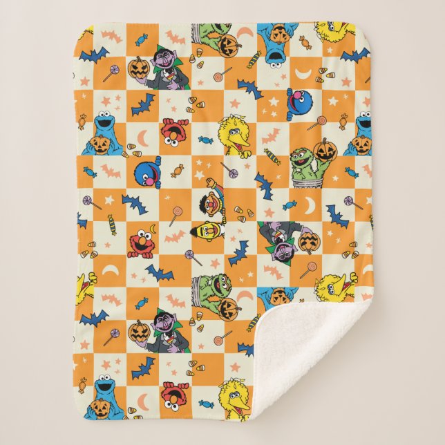 Sesame Street Halloween Checkered Pattern Sherpa Blanket (Front)