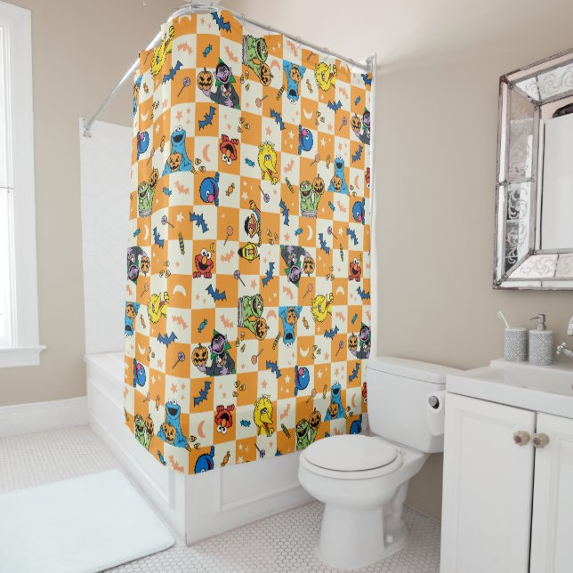 Sesame Street Halloween Checkered Pattern Shower Curtain (In Situ)
