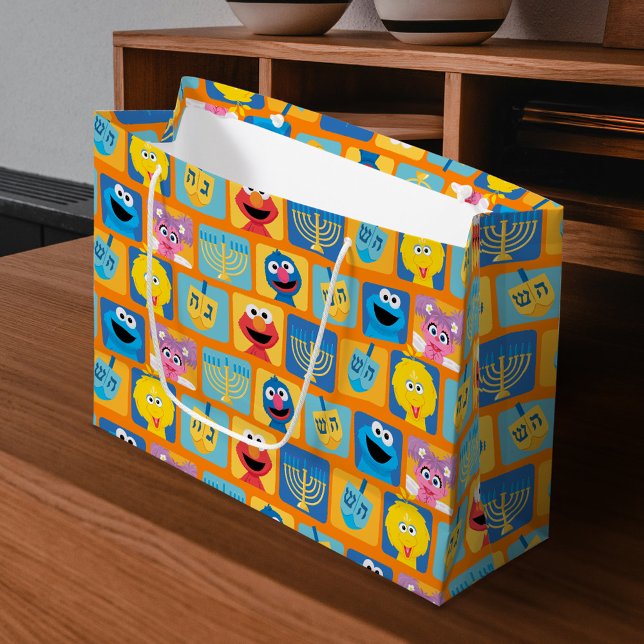 Sesame Street Hanukkah Pattern Large Gift Bag (Bag on table)