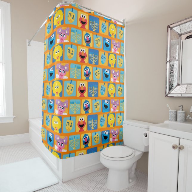 Sesame Street Hanukkah Pattern Shower Curtain (In Situ)