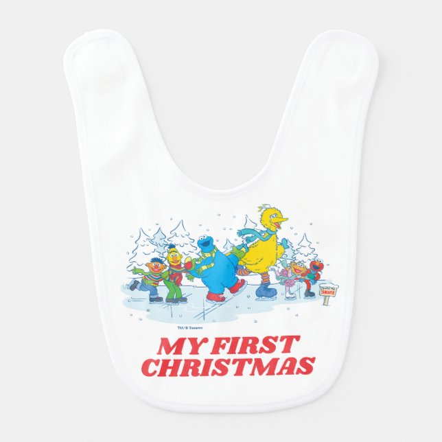 Sesame Street | Ice Skating Friends 1st Christmas Baby Bib (Front)