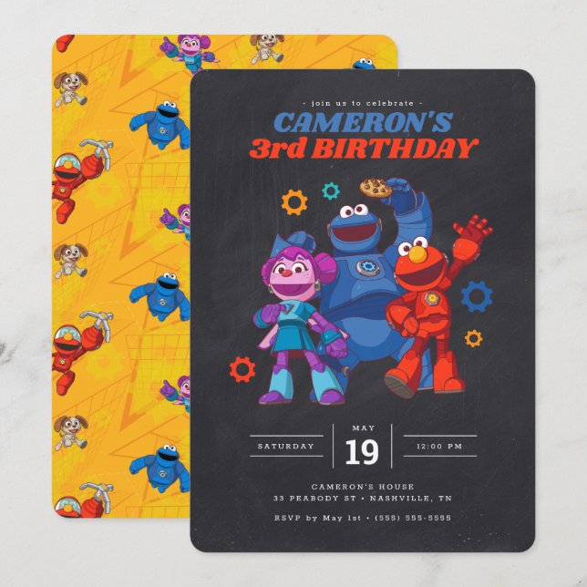 Sesame Street Mecha Builders Chalkboard Birthday Invitation (Front/Back)