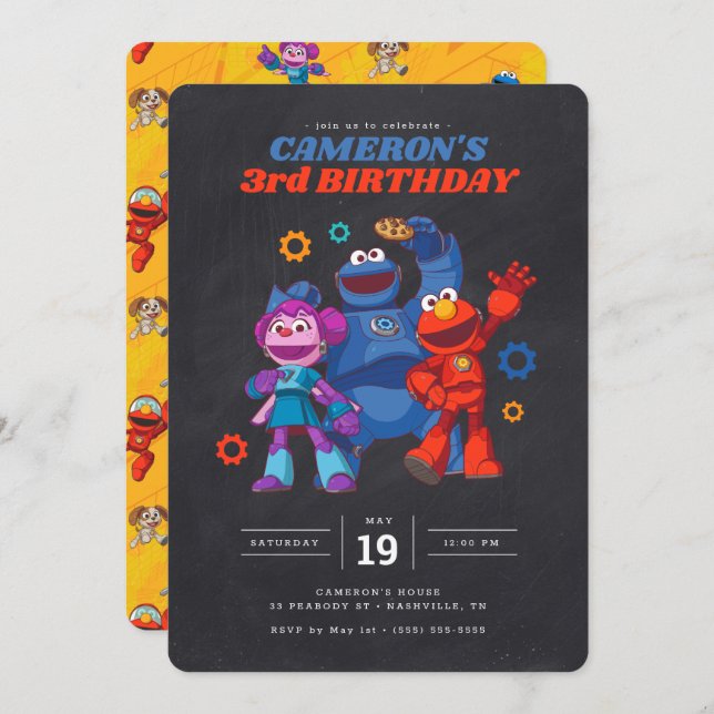 Sesame Street Mecha Builders Chalkboard Birthday Invitation (Front/Back)