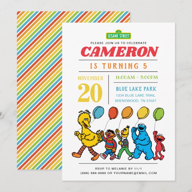 Sesame Street Pals | Balloons 5th Birthday Invitation (Front/Back)