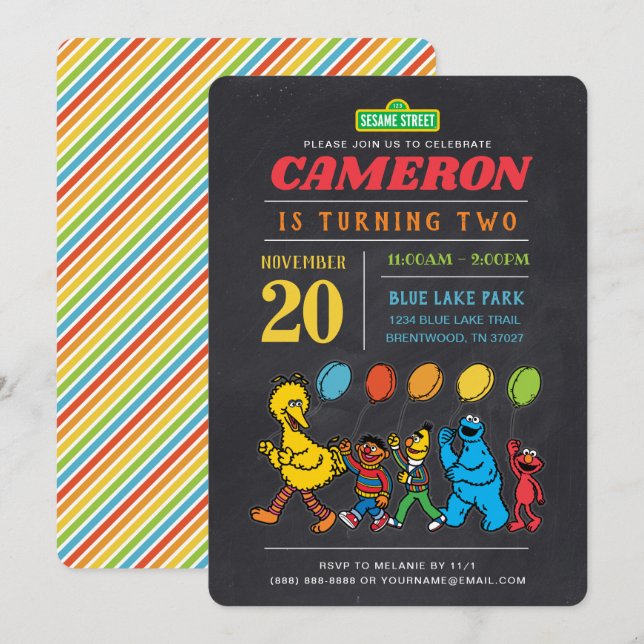 Sesame Street Pals | Chalkboard Balloons Birthday Invitation (Front/Back)