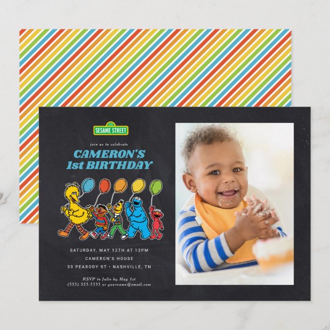Sesame Street Pals | Chalkboard Birthday Balloons Invitation (Front/Back)