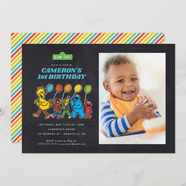 Sesame Street Pals | Chalkboard Birthday Balloons Invitation (Front/Back)