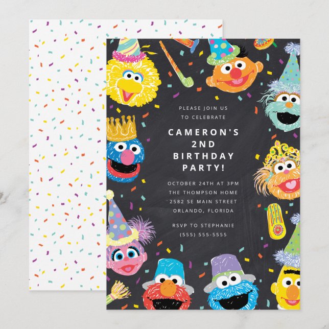 Sesame Street Pals Chalkboard Confetti Birthday Invitation (Front/Back)
