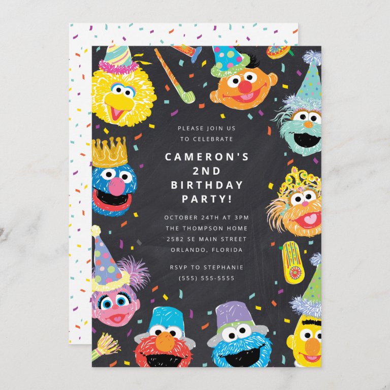 Sesame Street Pals Chalkboard Confetti Birthday Invitation