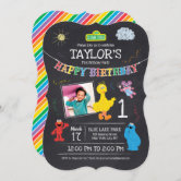 Chalkboard Sesame Street 1st Birthday with Photo  Invitation